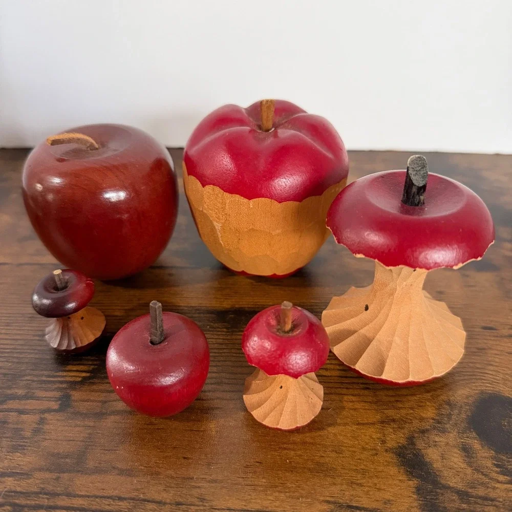 Six Vintage Wooden Apple Decor Hand Carved Red Fruit Farmhouse Rustic Cottage